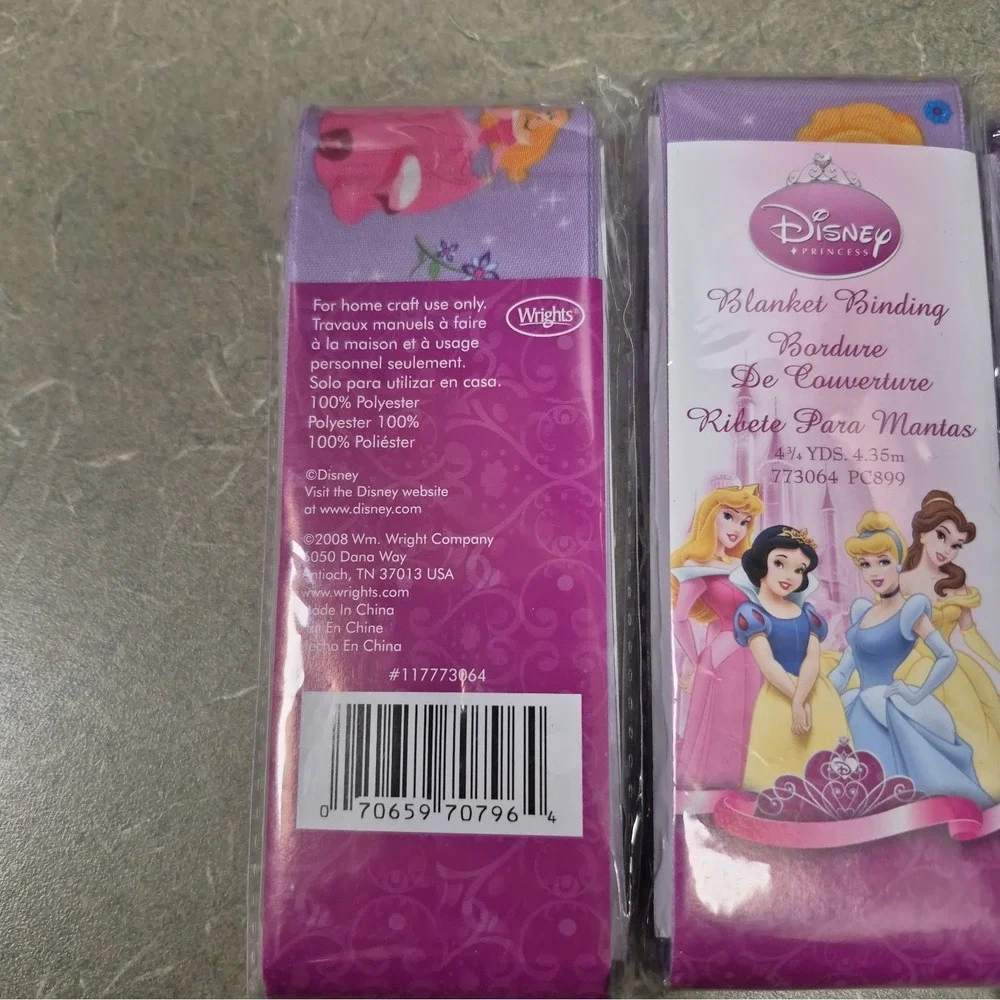 Wrights Disney Princess Blanket Binding Lot of 3. Belle, Snow White, Cinderella